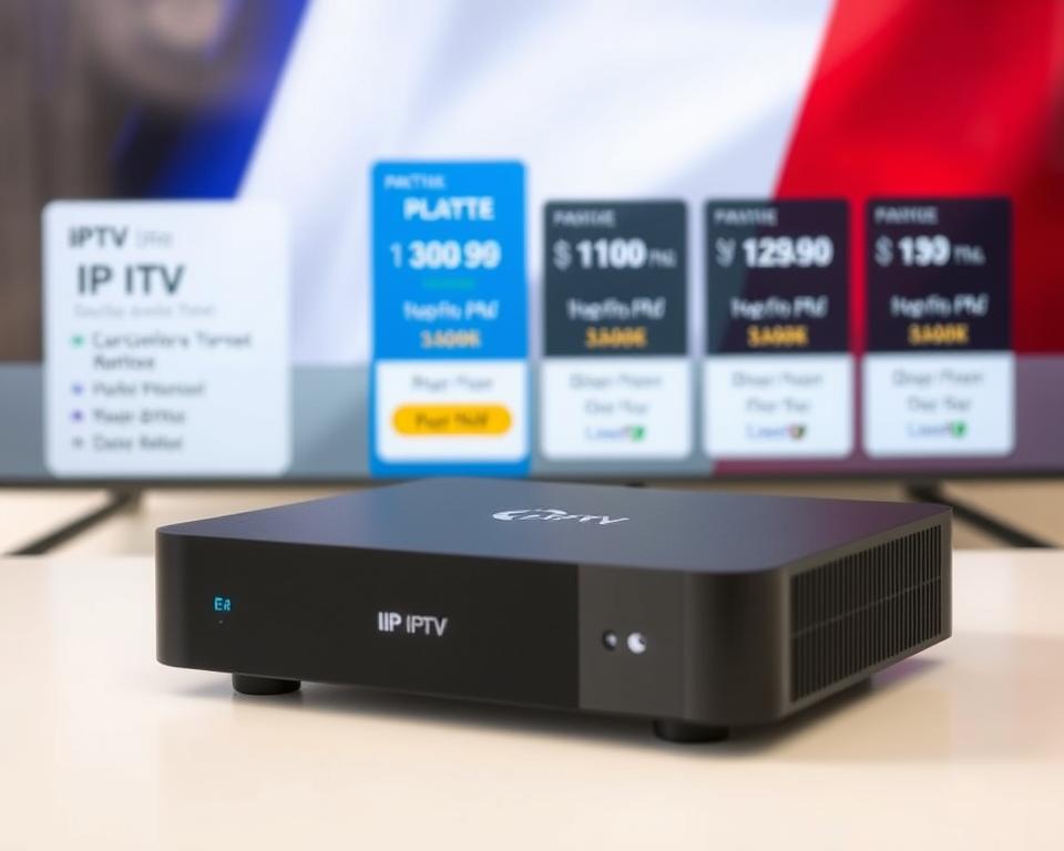 A modern, sleek IPTV box prominently displayed in the foreground, showcasing its minimal design and intuitive interface. In the middle ground, various IPTV subscription options are presented, highlighting their features and competitive pricing. The background depicts the French flag, subtly conveying the French context of the IPTV service. The overall scene exudes a sense of convenience, accessibility, and the ability to enjoy a seamless French television experience from the comfort of one's home.