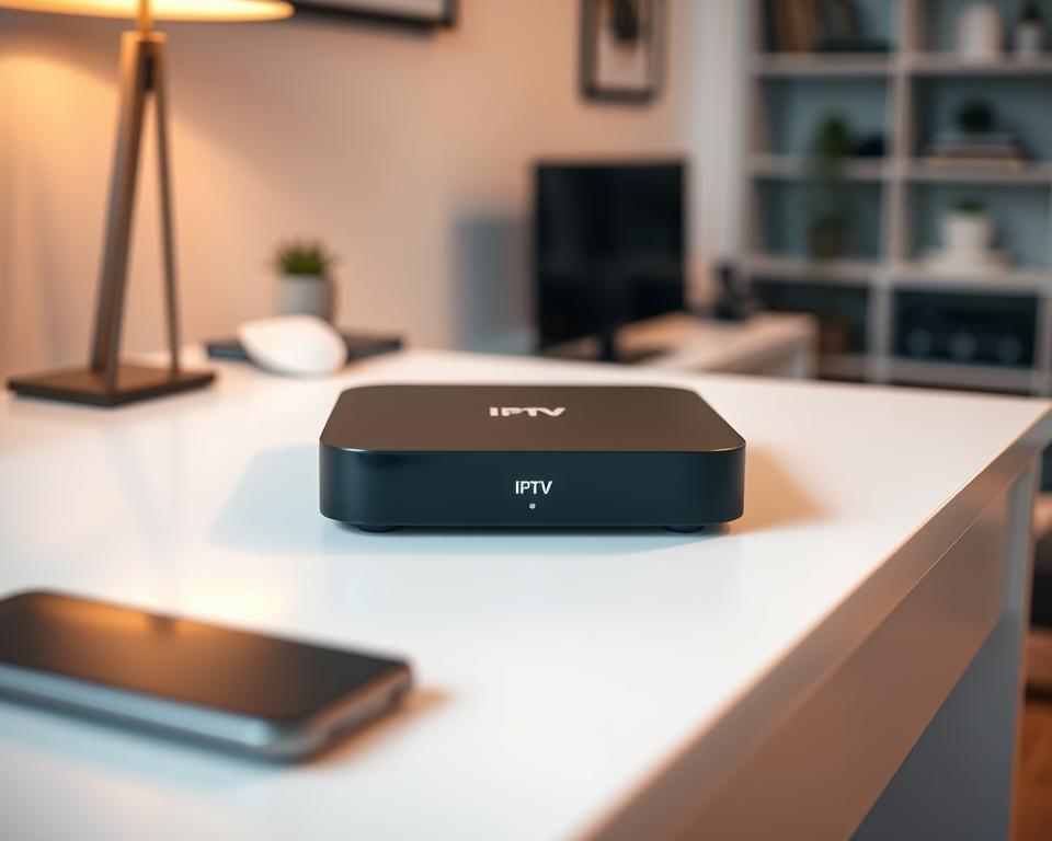 A modern, sleek IPTV set-top box resting on a minimalist white desk, surrounded by a clutter-free workspace. The device has a clean, minimalist design with a subtle IPTV logo emblazoned on the front panel. Soft, indirect lighting casts a warm glow across the scene, creating a sense of sophistication and technological prowess. The background is blurred, with hints of neutral-toned walls and tasteful decor, allowing the IPTV box to take center stage. The overall composition conveys the efficiency, reliability, and convenience of IPTV services, reflecting the "Les avantages et inconvénients des services IPTV" section of the article.