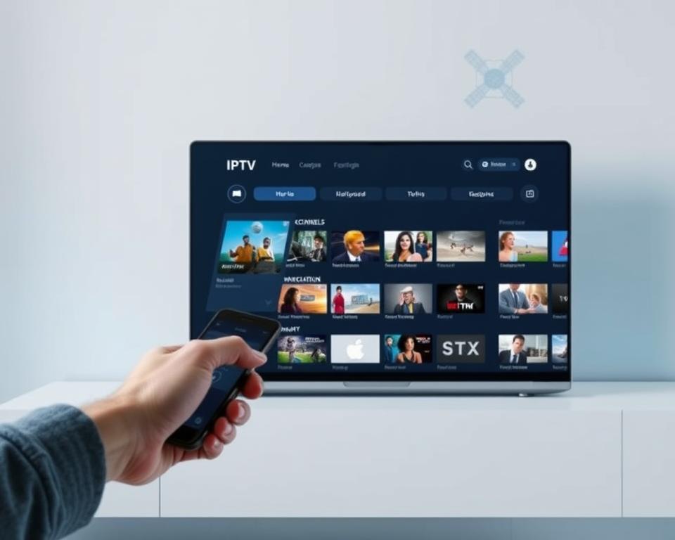 A modern, sleek IPTV subscription service interface with a clean, minimalist design. The main screen displays a grid of live TV channels, video-on-demand content, and personalized recommendations. Soft blue and grey tones create a calming, professional atmosphere. In the foreground, a user's hand hovers over a mobile device, about to select a channel. The middle ground shows a laptop or tablet displaying the IPTV dashboard. In the background, subtle network diagrams and satellite imagery suggest the advanced infrastructure powering the IPTV service. Crisp, high-definition graphics and elegant typography convey a sense of premium quality and reliability.