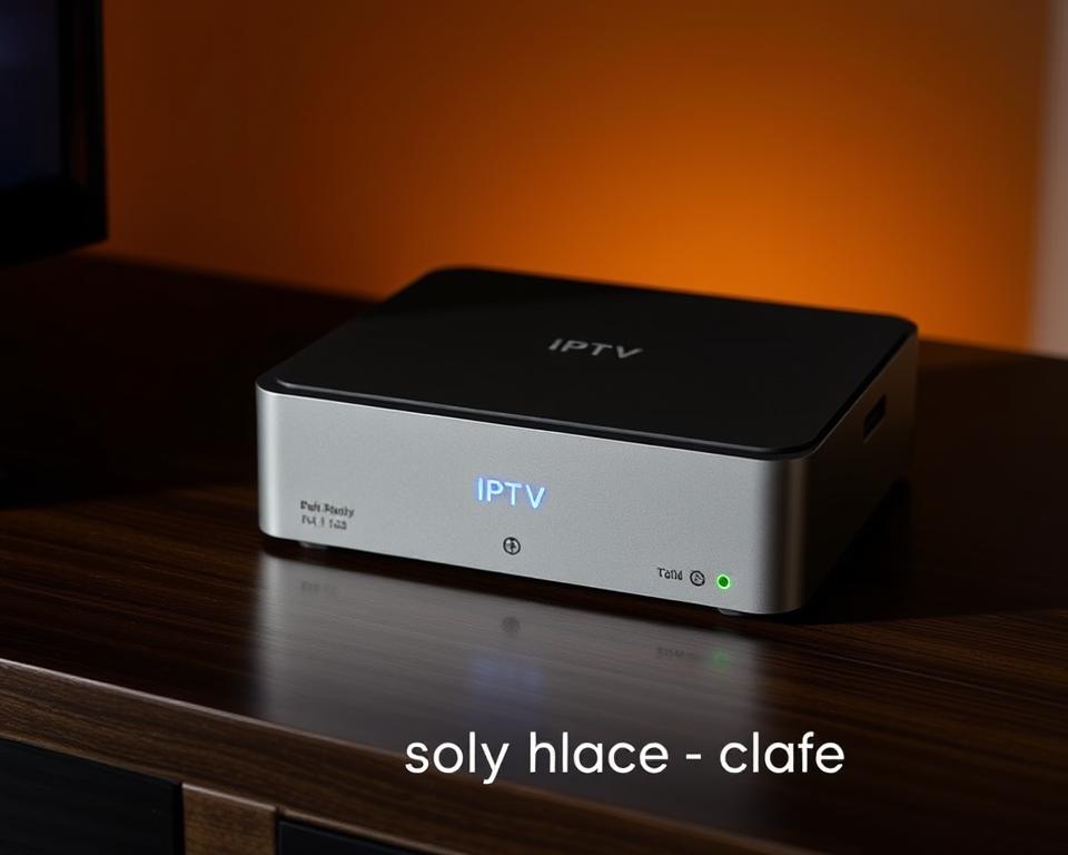 A modern, sleek configuration box for IPTV services, sitting atop a dark wooden surface. The box features clean lines, a minimalist design, and a soft blue LED indicator light. The scene is illuminated by warm, indirect lighting, casting gentle shadows that add depth and dimension. The camera angle is slightly elevated, providing a clear and detailed view of the device. The overall mood is one of sophistication and technological prowess, perfectly suited to showcase the step-by-step guide for configuring an IPTV box.