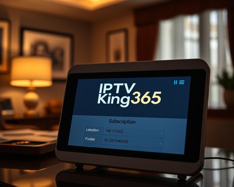 A modern, sleek digital device displaying the IPTV King365 logo, with a minimalist user interface showcasing the subscription details. The device is set against a backdrop of a dimly lit, elegant home office environment, with warm lighting highlighting the screen's contents. The composition emphasizes the simplicity and convenience of maintaining an up-to-date IPTV King365 subscription, conveying a sense of professionalism and expertise.