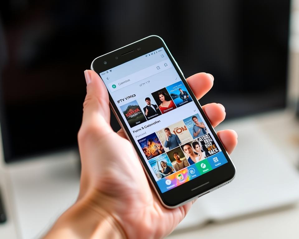 A modern, sleek-looking smartphone held in a hand, the screen displaying a visually appealing IPTV VIP interface with a variety of content options. The smartphone is positioned against a blurred background, creating a sense of focus on the device and its usage. The lighting is soft and natural, highlighting the details of the smartphone and the IPTV VIP interface. The overall composition conveys a sense of ease and accessibility, reflecting the practical nature of using IPTV VIP on a smartphone. A modern, sleek-looking smartphone held in a hand, the screen displaying a visually appealing IPTV VIP interface with a variety of content options. The smartphone is positioned against a blurred background, creating a sense of focus on the device and its usage. The lighting is soft and natural, highlighting the details of the smartphone and the IPTV VIP interface. The overall composition conveys a sense of ease and accessibility, reflecting the practical nature of using IPTV VIP on a smartphone.