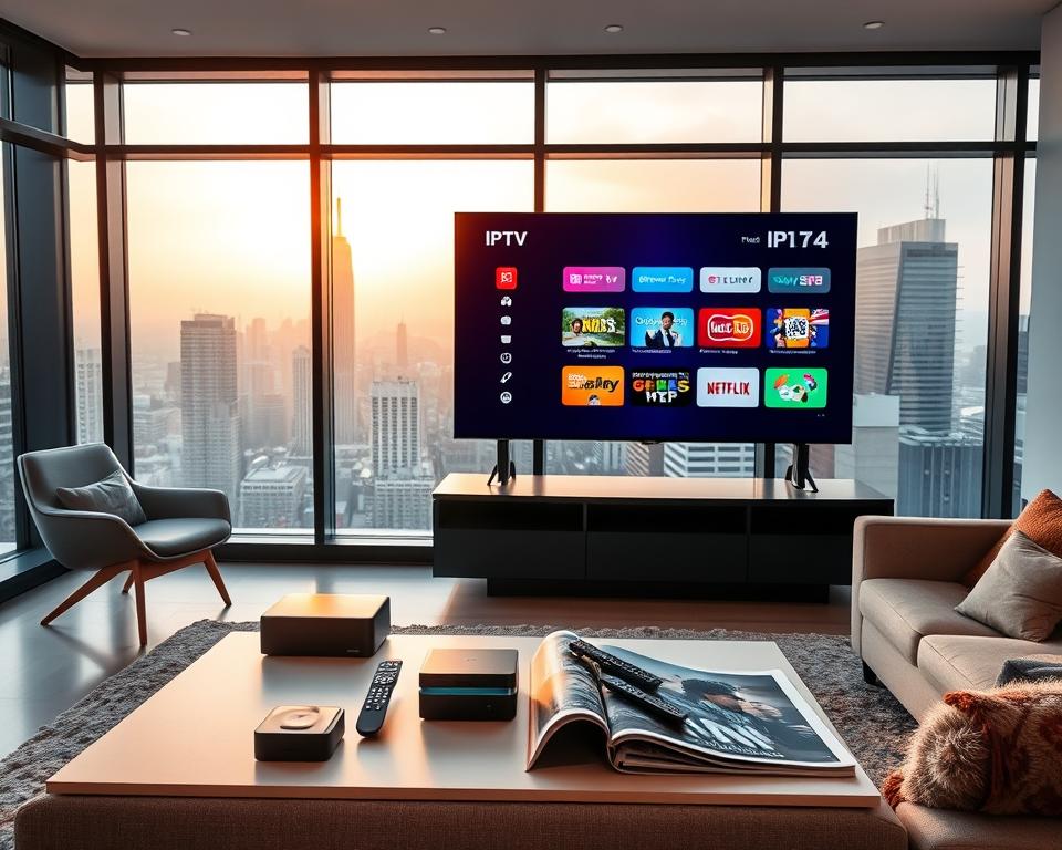 A modern, well-lit interior scene with a large flat-screen TV displaying an IPTV interface on the screen. In the foreground, a sleek, minimalist media console holds various streaming devices and remote controls. The middle ground features a comfortable sofa and armchair, with a coffee table displaying magazines about the latest IPTV technologies. The background showcases large windows overlooking a bustling city skyline, bathing the room in warm, natural light. The overall atmosphere conveys the convenience, accessibility, and technological advantages of IPTV compared to traditional TV viewing methods.
