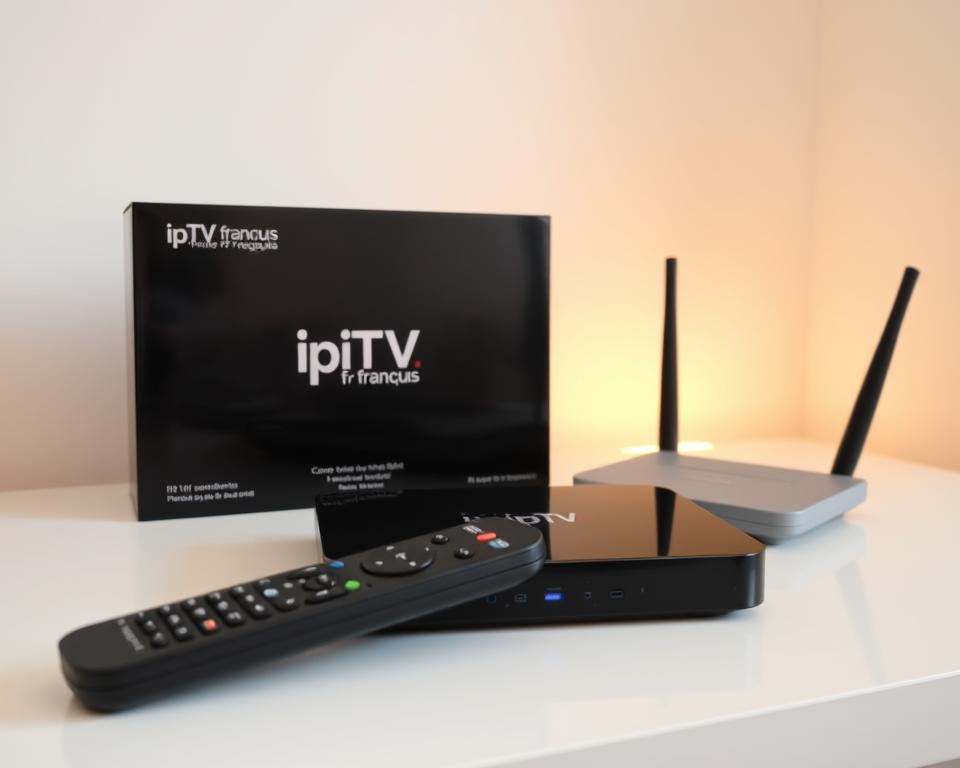 A modern, well-organized home entertainment setup featuring a sleek IPTV set-top box, remote control, and wireless router against a minimalist, light-colored backdrop. The box prominently displays the "IPTV français" branding, conveying the French-focused nature of the service. Soft, diffused lighting illuminates the scene, creating a warm, inviting atmosphere. The arrangement suggests the necessary equipment for accessing IPTV content in France, as per the article's subject and section title.