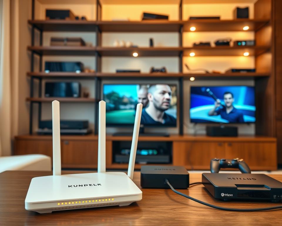 A neatly organized home network with a sleek 4K IPTV setup. In the foreground, a modern router and modem blend seamlessly into the decor, their status lights softly glowing. In the middle ground, various connected devices - smart TV, streaming box, gaming console - are arranged with precision. The background features stylish shelving displaying media equipment, cables tidily routed through concealed channels. Warm, indirect lighting accentuates the clean, minimalist aesthetic, conveying a sense of efficiency and connectivity within a cozy, comfortable living space.