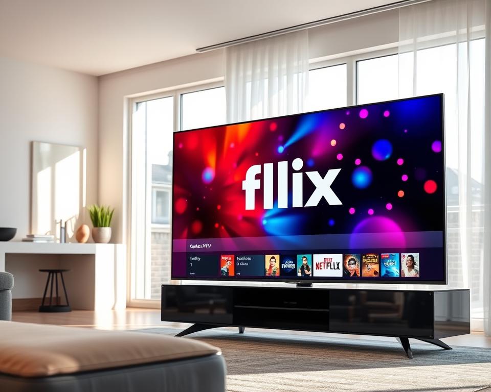 A pristine 4K television set, its screen displaying a vibrant, high-quality image of the "Qualité flix iptv" service. The television is placed in a well-lit, modern living room, with soft indirect lighting and large windows providing natural illumination. The image on the screen showcases the clarity and fidelity of the IPTV service, highlighting the sharpness of the video, the richness of the colors, and the smoothness of the playback. The overall scene conveys a sense of visual excellence, inviting the viewer to experience the optimal quality of flix iptv streaming.