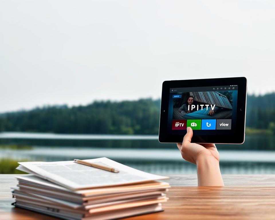 A serene and minimalist landscape, capturing the essence of IPTV legality and ethics. In the foreground, a stack of legal documents and books, conveying the notion of compliance and regulations. In the middle ground, a hand holding a tablet displaying a sleek, modern IPTV interface, symbolizing the technological aspect. The background features a tranquil natural setting, with a lush forest and a calm, reflective lake, evoking a sense of balance and harmony. The lighting is soft and diffused, creating a contemplative atmosphere. The overall composition emphasizes the intersection of technology, legality, and ethical considerations in the IPTV landscape.