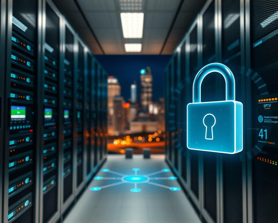A serene and secure data center, with sleek racks of servers and glowing displays. In the foreground, a digital padlock icon hovers, representing the robust encryption and access controls safeguarding the IPTV system. The middle ground features a network diagram, illustrating the secure flow of data between devices. The background showcases a nighttime cityscape, with skyscrapers and streetlights, conveying the widespread reach and reliable nature of the IPTV service. The lighting is soft and ambient, creating an atmosphere of professionalism and trustworthiness. The camera angle is slightly elevated, providing a comprehensive view of the scene.