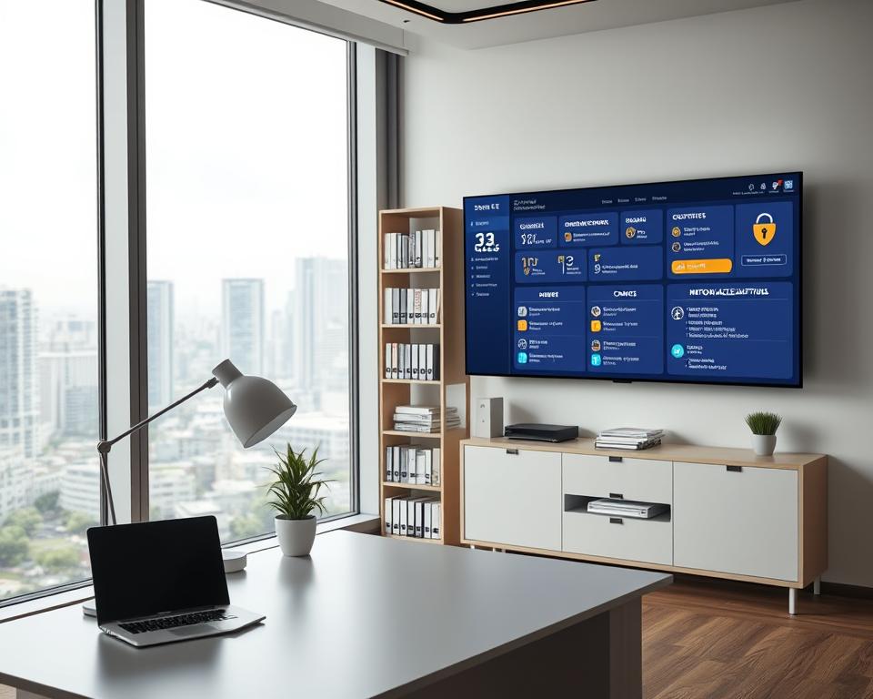 A serene, modern office setting with floor-to-ceiling windows overlooking a cityscape. A sleek, minimalist desk stands in the foreground, with a laptop, a stylish desk lamp, and a potted plant. The middle ground features a tall bookshelf filled with technical manuals and reference books. In the background, a large monitor displays a secure IPTV dashboard, showcasing data encryption, user access controls, and network security protocols. The lighting is soft and diffused, creating a calming, professional atmosphere. The overall composition conveys a sense of privacy, protection, and technological sophistication.