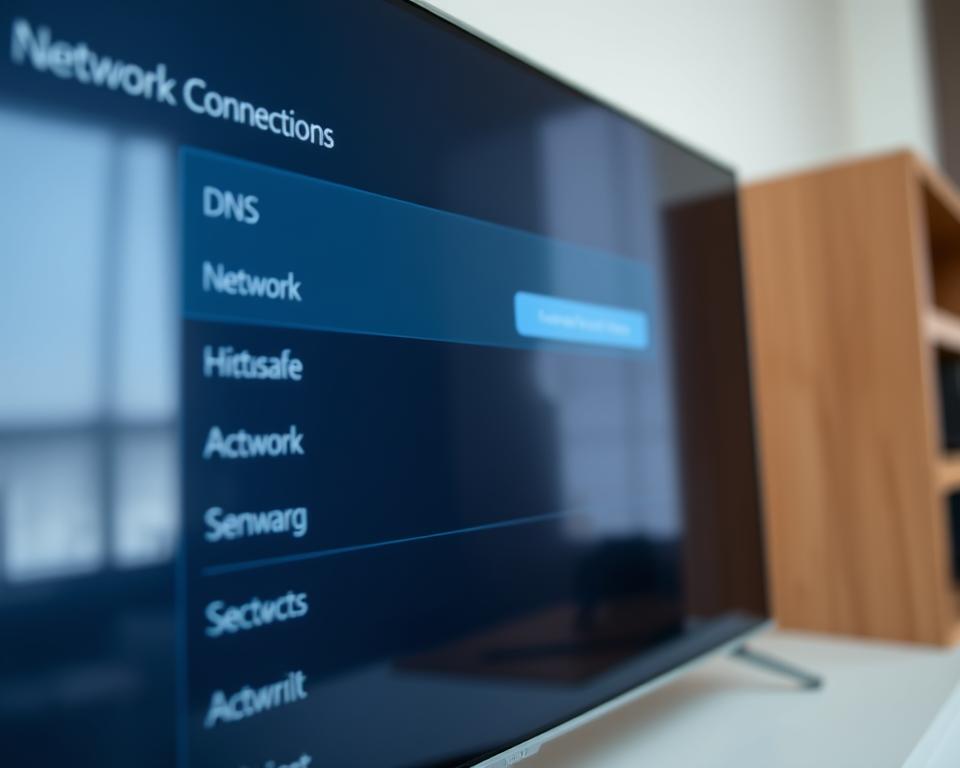 A serene, soft-focus closeup of an IPTV settings screen on a modern smart TV or streaming device. The screen displays a list of network connection settings, with the DNS options prominently featured. The foreground is crisp and detailed, while the background is gently blurred, creating a sense of depth and focus. The lighting is natural and diffuse, giving the image a calm, contemplative feel. The overall composition is balanced and symmetrical, drawing the viewer's eye to the central DNS settings. The mood is one of quiet concentration and problem-solving, reflecting the instructional nature of the article section.