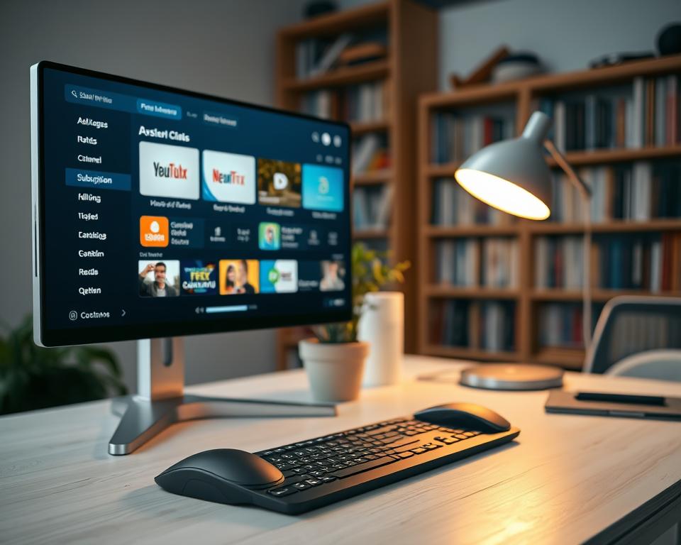 A serene workspace filled with the tools of efficient IPTV management. In the foreground, a computer screen displays a streamlined IPTV interface, with various subscription options and channel lists neatly organized. On the desk, a wireless mouse and keyboard sit ready for smooth navigation. The middle ground features a potted plant and a sleek, modern desk lamp, casting a soft, ambient glow. In the background, bookshelves line the walls, hinting at the wealth of knowledge required to expertly curate and maintain an IPTV setup. The overall scene conveys a sense of professionalism, organization, and the satisfaction of mastering the intricacies of IPTV management.