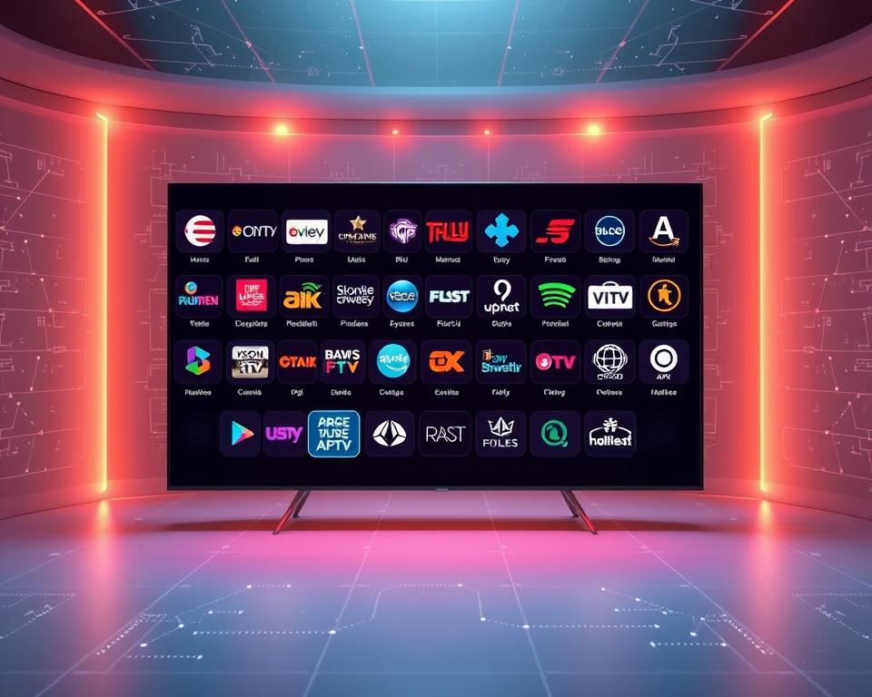 A set of elegant, high-definition French IPTV channels floating in a serene digital space. In the foreground, a vivid array of diverse programming icons and logos, each shimmering with a soft neon glow. The middle ground features sleek, minimalist user interface elements, hinting at the intuitive experience of navigating this premium IPTV service. In the background, a subtle grid of interconnected data lines and nodes, symbolizing the advanced technology powering the 4K streaming. Warm, inviting lighting casts a gentle radiance across the scene, conveying a sense of quality, reliability, and the pleasures of home entertainment.