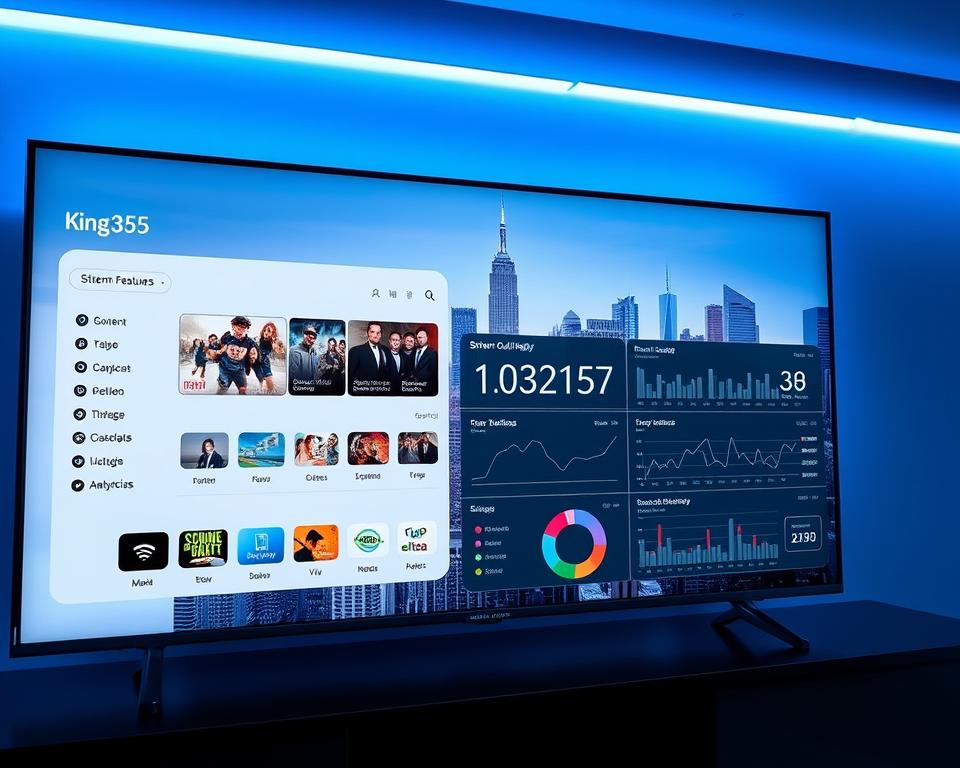 A sleek and modern IPTV interface with advanced features prominently displayed on a high-resolution display. In the foreground, a clean dashboard showcases various content categories, stream quality options, and customization settings. The middle ground features detailed visualizations of network bandwidth, storage usage, and user activity analytics. In the background, a subtle city skyline with skyscrapers and neon lights creates an urban, technological atmosphere. The lighting is crisp and modern, with a cool, blue-tinted palette that evokes a sense of precision and innovation. The camera angle is slightly elevated, giving the viewer a comprehensive perspective of the IPTV King365 system's comprehensive functionality.