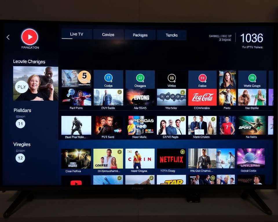 A sleek and modern IPTV service interface, prominently featuring an array of available channels and packages. The foreground showcases a clean, intuitive menu design with high-definition icons and thumbnails, allowing users to easily navigate and select their desired content. The middle ground highlights the diverse programming options, from live TV and on-demand movies to sports and specialty channels. In the background, a subtle grid of signal strength indicators and connectivity information reassures the user of a reliable and high-quality IPTV experience. The overall scene conveys a sense of professionalism, sophistication, and user-friendliness, perfectly suited to illustrate the "best IPTV service" in France.