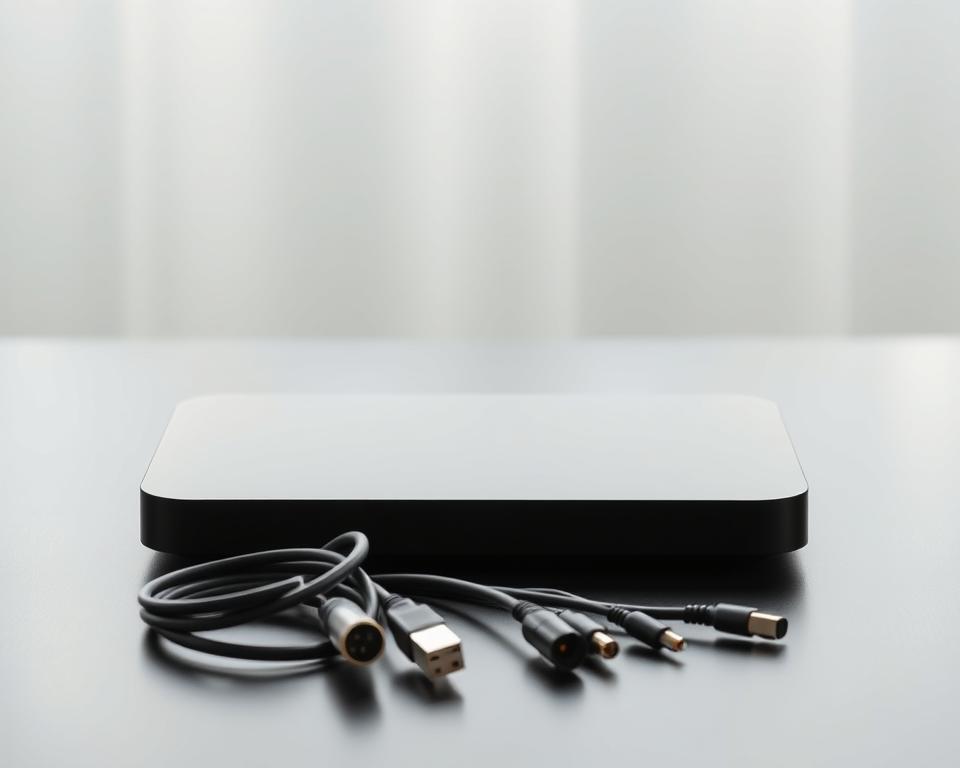 A sleek and modern IPTV set-top box resting on a minimalist black surface, bathed in soft, diffused lighting. The device features clean lines, a slim profile, and a matte finish, conveying a sense of sophistication and technological advancement. In the middle ground, various cables and connectors are neatly arranged, highlighting the versatility and connectivity of the IPTV system. The background is subtly blurred, maintaining the focus on the central device and creating a sense of depth and balance. The overall atmosphere is one of elegance and functional simplicity, perfectly complementing the "Équipement nécessaire pour profiter de l'IPTV" section of the guide.