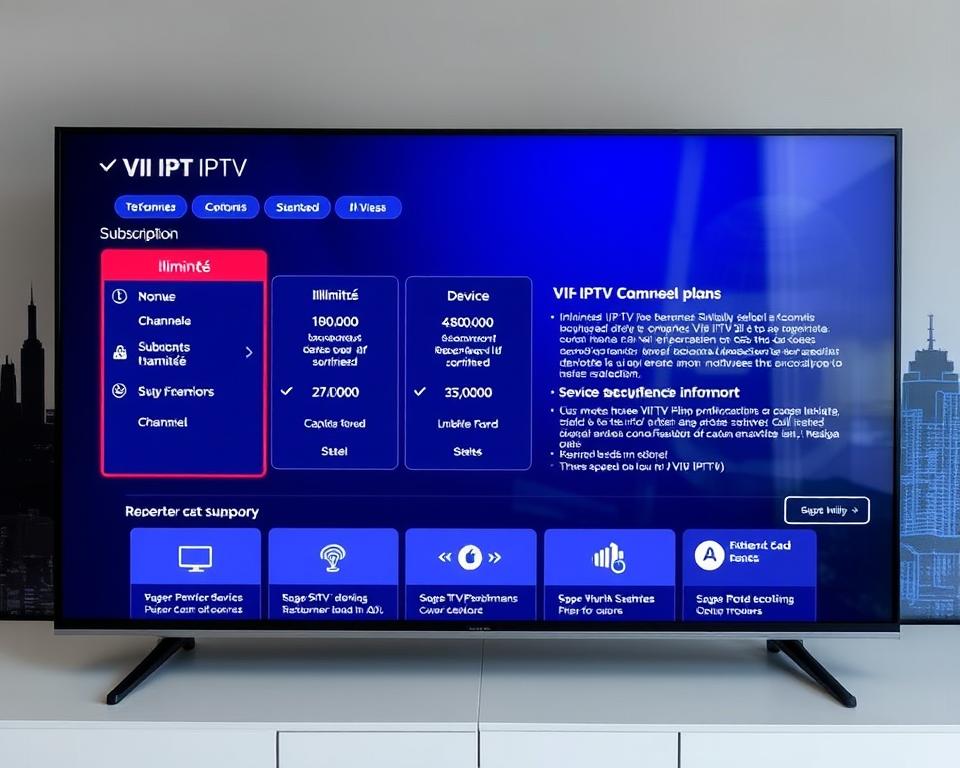 A sleek and modern VIP IPTV service interface, displayed on a high-resolution digital screen. The foreground features various subscription plans, prominently showcasing the "Illimité" unlimited option, with clean typography and intuitive icons. The middle ground includes detailed information about the service, such as channel selections, device compatibility, and customer support. The background depicts a stylized cityscape, hinting at the global accessibility of the IPTV platform. The overall mood is professional, high-tech, and visually appealing, reflecting the premium nature of the VIP IPTV service. A sleek and modern VIP IPTV service interface, displayed on a high-resolution digital screen. The foreground features various subscription plans, prominently showcasing the "Illimité" unlimited option, with clean typography and intuitive icons. The middle ground includes detailed information about the service, such as channel selections, device compatibility, and customer support. The background depicts a stylized cityscape, hinting at the global accessibility of the IPTV platform. The overall mood is professional, high-tech, and visually appealing, reflecting the premium nature of the VIP IPTV service.