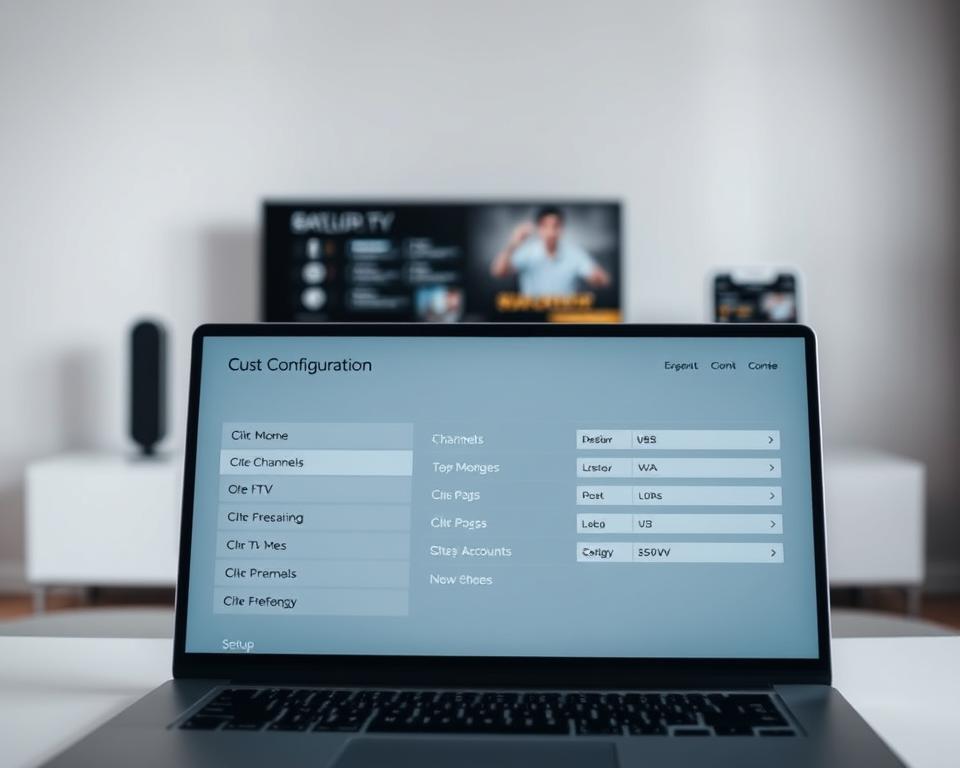 A sleek and modern configuration interface for an IPTV OTT service. In the foreground, a laptop displays the setup menu, with clean typography and intuitive controls for selecting channels, managing accounts, and customizing preferences. In the middle ground, a smart TV and mobile device showcase the service's responsive design and cross-platform compatibility. The background features a soft, gradient-based color scheme, evoking a sense of high-tech sophistication. Subtle lighting and a shallow depth of field draw the viewer's attention to the central devices, emphasizing the ease and versatility of the configuration process. A sleek and modern configuration interface for an IPTV OTT service. In the foreground, a laptop displays the setup menu, with clean typography and intuitive controls for selecting channels, managing accounts, and customizing preferences. In the middle ground, a smart TV and mobile device showcase the service's responsive design and cross-platform compatibility. The background features a soft, gradient-based color scheme, evoking a sense of high-tech sophistication. Subtle lighting and a shallow depth of field draw the viewer's attention to the central devices, emphasizing the ease and versatility of the configuration process.