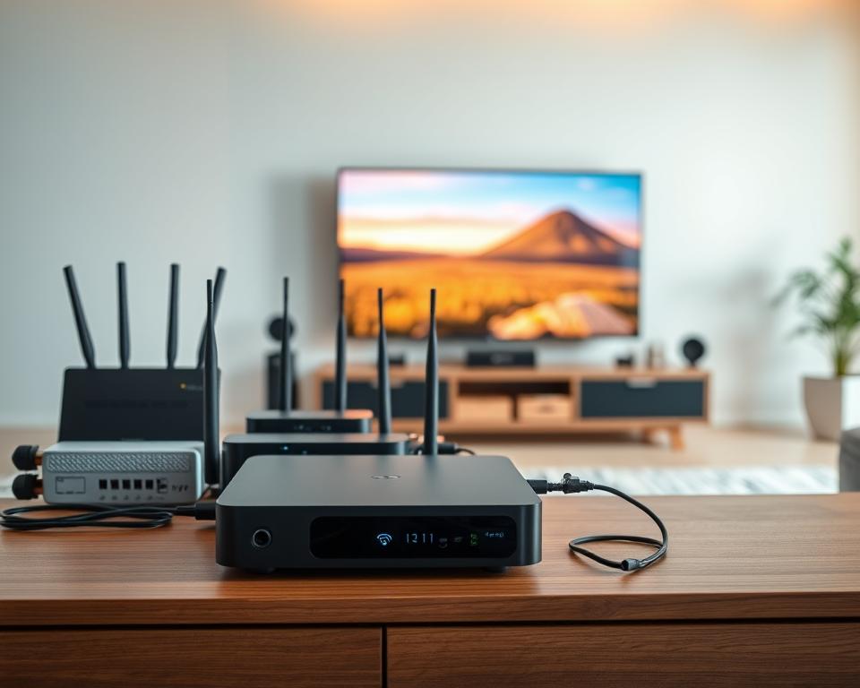 A sleek and modern home entertainment setup featuring various IPTV equipment. In the foreground, a high-end streaming device with a minimalist design sits atop a wooden media console. Behind it, a selection of neatly arranged cable boxes, Wi-Fi routers, and power adapters create a cohesive and organized arrangement. Subtle backlighting illuminates the setup, casting a warm glow and creating a sophisticated ambiance. The middle ground showcases a large, high-definition television screen displaying vivid, crystal-clear imagery, hinting at the exceptional viewing experience enabled by the IPTV technology. In the background, a clean and contemporary living room setting with minimalist decor completes the scene, emphasizing the seamless integration of the IPTV system into a modern home environment.