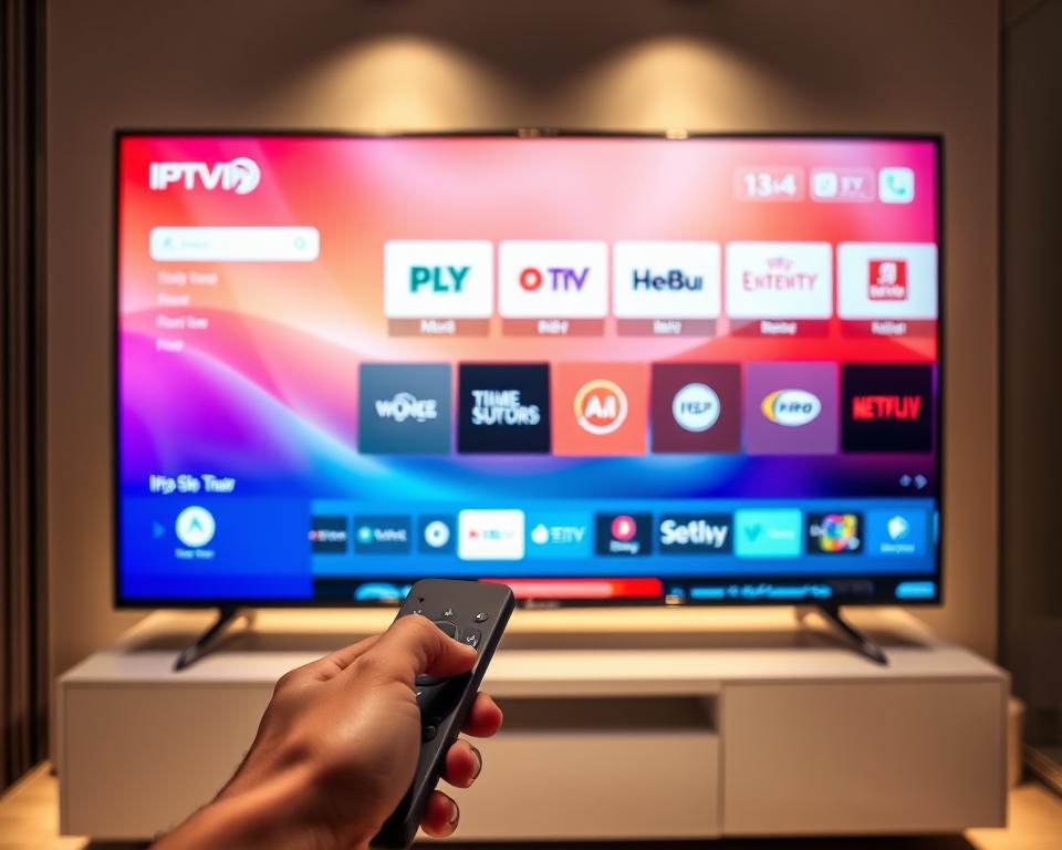 A sleek and modern smart TV display, its screen shimmering with a vibrant IPTV interface. In the foreground, a hand holds a remote, navigating the intuitive menu system. Subtle lighting from behind casts a soft glow, creating a polished and inviting atmosphere. The middle ground showcases various IPTV service options, their logos and branding prominently featured. In the background, a minimalist living room setting with neutral tones and clean lines complements the high-tech theme. The overall composition conveys a sense of effortless integration, where the IPTV VIP service seamlessly blends into the user's smart home experience. A sleek and modern smart TV display, its screen shimmering with a vibrant IPTV interface. In the foreground, a hand holds a remote, navigating the intuitive menu system. Subtle lighting from behind casts a soft glow, creating a polished and inviting atmosphere. The middle ground showcases various IPTV service options, their logos and branding prominently featured. In the background, a minimalist living room setting with neutral tones and clean lines complements the high-tech theme. The overall composition conveys a sense of effortless integration, where the IPTV VIP service seamlessly blends into the user's smart home experience.