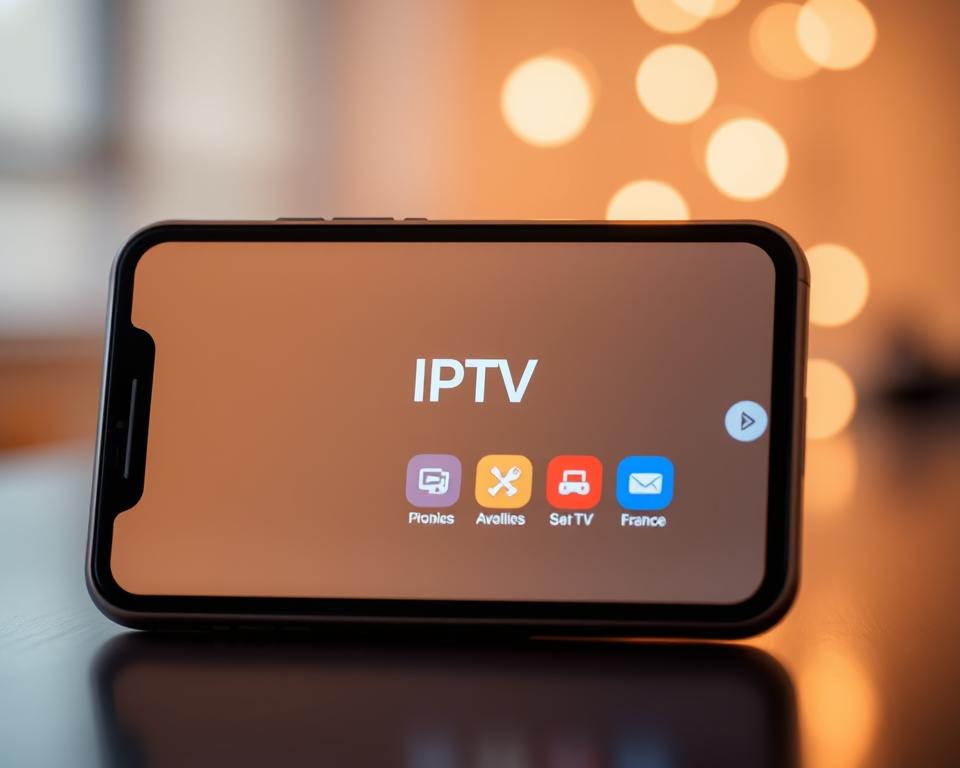 A sleek and modern smartphone display showcasing a feature-rich IPTV app interface, with a clean and intuitive layout. The app's logo and UI elements are prominently featured, conveying a sense of professionalism and accessibility. The background is slightly blurred, placing the focus on the app's user experience. Warm lighting and a minimalist color palette create a visually appealing and inviting atmosphere, reflecting the ease and convenience of using the IPTV service in France.