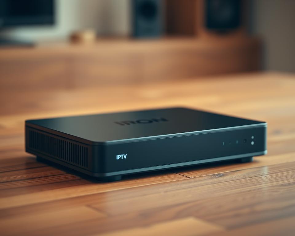 A sleek, black iptv set-top box resting on a wooden surface, showcasing its modern and minimalist design. The box features clean lines and a subtle power indicator light, reflecting a high-quality, tech-savvy appearance. The image is captured in a warm, diffused lighting setup, highlighting the textural details of the device and creating a sense of sophistication. The background is slightly blurred, keeping the focus on the iptv box as the central subject, emphasizing its role as a key technical prerequisite for using the Iron IPTV service in France. A sleek, black iptv set-top box resting on a wooden surface, showcasing its modern and minimalist design. The box features clean lines and a subtle power indicator light, reflecting a high-quality, tech-savvy appearance. The image is captured in a warm, diffused lighting setup, highlighting the textural details of the device and creating a sense of sophistication. The background is slightly blurred, keeping the focus on the iptv box as the central subject, emphasizing its role as a key technical prerequisite for using the Iron IPTV service in France.