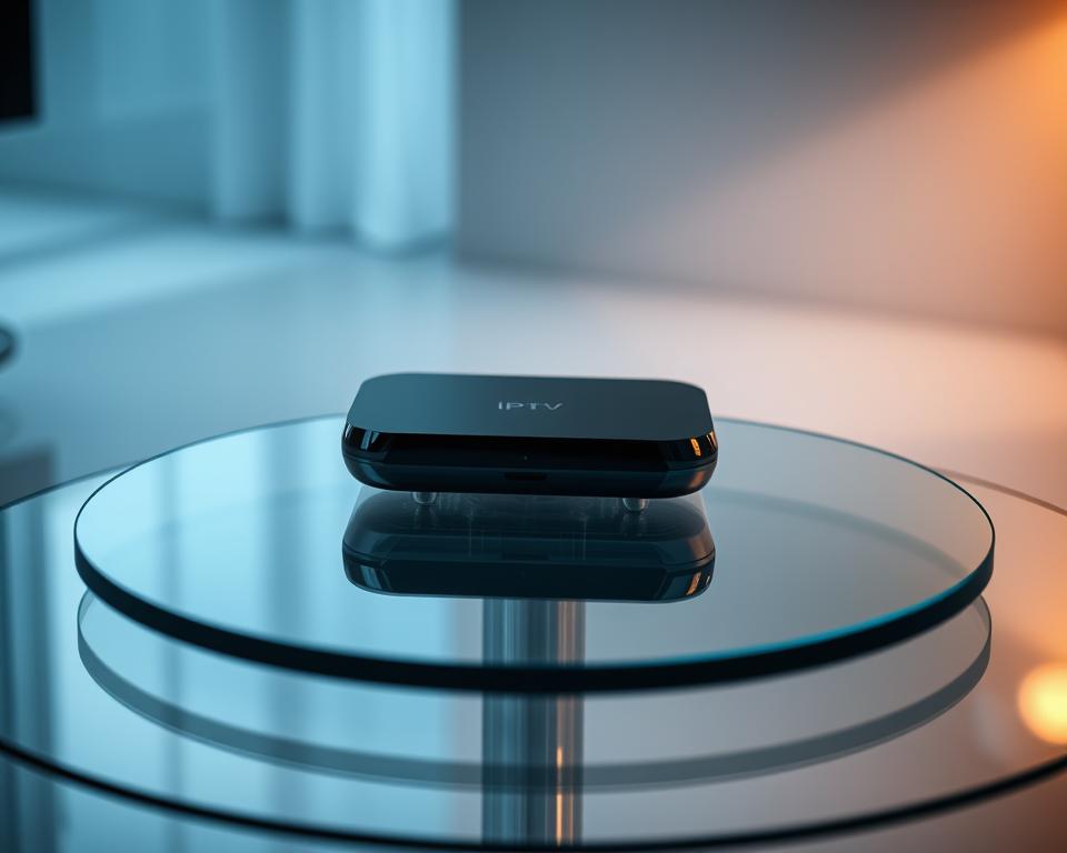 A sleek, futuristic IPTV device resting on a minimalist glass table, its slick black surface reflecting the surrounding environment. Soft, indirect lighting casts a warm glow, creating a cozy, inviting atmosphere. The device's clean, modern design suggests effortless connectivity and seamless streaming capabilities. In the background, a subtle gradient of blues and grays evokes a sense of digital innovation and technological advancement. The composition emphasizes the centrality and importance of the IPTV device, positioning it as the focal point of an optimized, high-tech home entertainment setup.