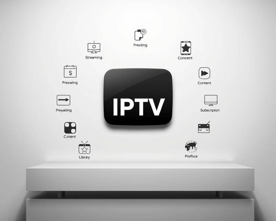 A sleek, minimalist image of a french IPTV provider's logo and product offerings. Set against a clean, monochrome background with soft, diffused lighting. The logo is prominently displayed, crisp and well-defined, with a modern, professional aesthetic. Around the logo, various IPTV-related icons and graphics are arranged in a balanced, visually appealing layout - streaming services, device compatibility, content library, and subscription options. The overall mood is one of sophistication, reliability, and attention to detail, reflecting the reputable and trustworthy nature of the IPTV service.