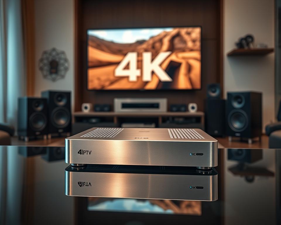 A sleek, modern 4K IPTV device prominently displayed, its clean lines and minimalist design reflecting the cutting-edge technology within. The device is situated on a glass or metal surface, casting subtle reflections. Surrounding it, an array of high-end home entertainment equipment, including a large, high-resolution TV screen, surround sound speakers, and other premium components, all working in harmony to create an immersive ultra-high-definition viewing experience. The lighting is soft and warm, creating a luxurious, inviting atmosphere. The overall scene conveys a sense of sophistication, technological advancement, and the future of home entertainment.