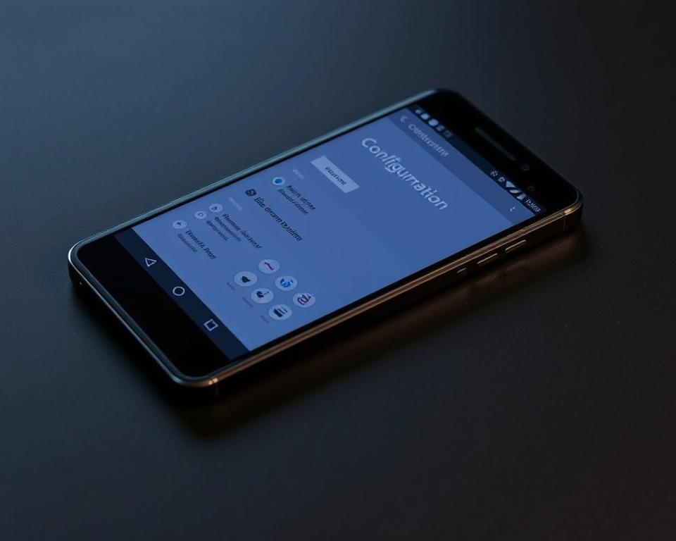 A sleek, modern Android smartphone with a clean, configuration-focused screen interface. The device is positioned on a minimalist, matte black surface, its display illuminated by soft, directional lighting that casts subtle shadows, creating depth and dimension. The screen shows various menu options and settings related to IPTV configuration, with clear iconography and a user-friendly layout. The overall composition conveys a sense of technological sophistication and ease of use, perfectly suited to illustrate the "Configurer Majestic IPTV sur Android et Android TV" section of the article.
