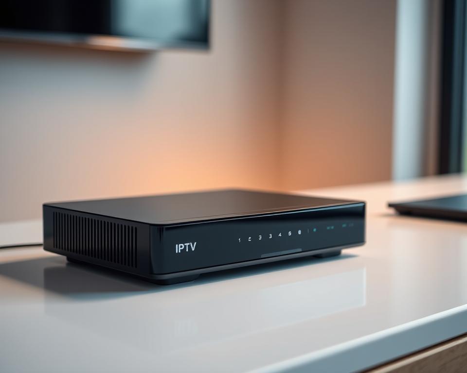 A sleek, modern IPTV device placed prominently on a minimalist desk, illuminated by soft, warm lighting from above. The device is shown in profile, its streamlined design and glossy black finish reflecting the sophisticated, cutting-edge technology within. The background is blurred, creating a sense of depth and focus on the IPTV hardware. The overall mood is one of efficiency, simplicity, and the seamless integration of advanced media technology into the contemporary home or office environment.