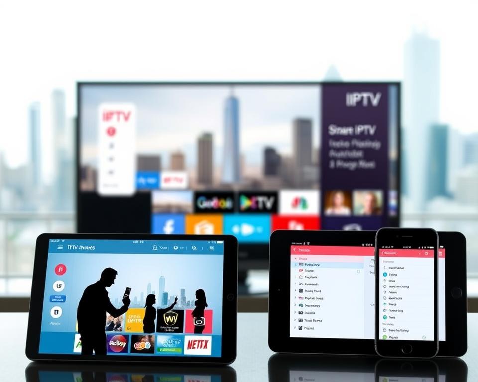 A sleek, modern IPTV interface displayed on multiple devices, including a smart TV, tablet, and smartphone. The applications have clean, intuitive designs with vibrant color palettes and smooth animations. In the foreground, the devices showcase a range of IPTV features such as live TV channels, on-demand content, and customizable settings. The middle ground features silhouettes of people interacting with the IPTV apps, highlighting their ease of use. The background has a blurred city skyline, suggesting the versatility of the IPTV applications in various environments. The lighting is soft and natural, creating a calming and professional atmosphere.