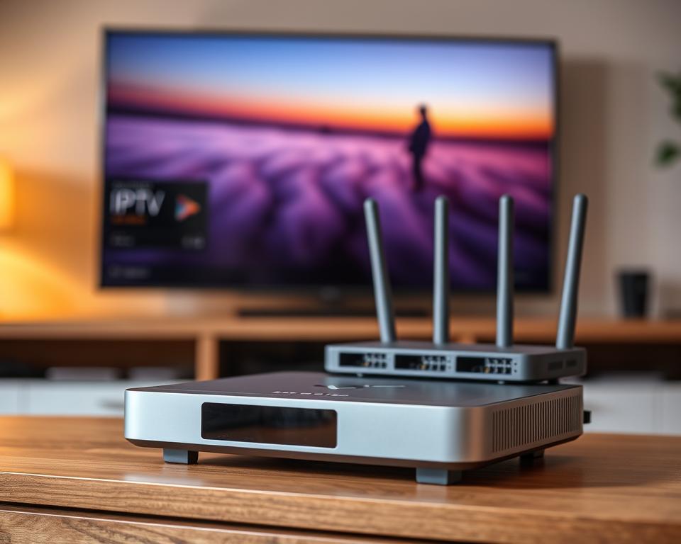 A sleek, modern IPTV setup. In the foreground, a high-end media streaming box with a clean, minimalist design sits atop a wooden entertainment center. Behind it, a state-of-the-art IPTV router with multiple ethernet ports and Wi-Fi antennas. In the background, a large flatscreen TV displays a crisp, high-definition image. Warm, indirect lighting creates a cozy, living room atmosphere. The scene conveys the ease and convenience of a seamless IPTV experience, ready to bring a vast library of content to the viewer's fingertips.