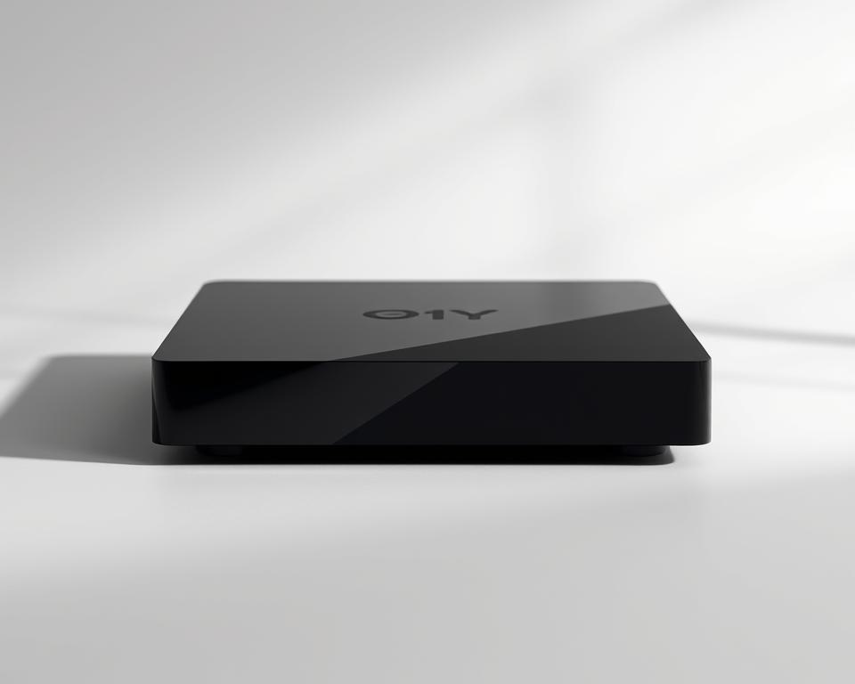 A sleek, modern box IPTV4K set against a clean, minimalist background. The device is prominently featured in the center, its sharp edges and glossy black finish reflecting the high-tech nature of 4K streaming technology. Diffuse lighting from above casts subtle shadows, highlighting the box's elegant design. The background is a muted, neutral tone, allowing the IPTV4K to be the central focus. The overall composition is balanced and visually appealing, capturing the essence of a premium streaming device suitable for the French market.
