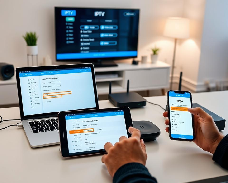 A sleek, modern desktop setup with a laptop, tablet, and smartphone displaying various IPTV configuration screens. The foreground features a hands-on demonstration of navigating IPTV settings, with highlighted menus and options. The middle ground showcases a comprehensive overview of IPTV hardware and software components, including a router, media player, and remote control. The background depicts a cozy, well-lit home office environment with minimalist decor, soft lighting, and a sense of technological sophistication. The overall scene conveys a seamless, user-friendly IPTV installation and configuration experience. A sleek, modern desktop setup with a laptop, tablet, and smartphone displaying various IPTV configuration screens. The foreground features a hands-on demonstration of navigating IPTV settings, with highlighted menus and options. The middle ground showcases a comprehensive overview of IPTV hardware and software components, including a router, media player, and remote control. The background depicts a cozy, well-lit home office environment with minimalist decor, soft lighting, and a sense of technological sophistication. The overall scene conveys a seamless, user-friendly IPTV installation and configuration experience.