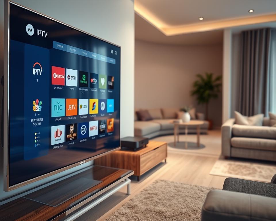 A sleek, modern home entertainment setup featuring a variety of IPTV applications neatly organized on a high-resolution display. In the foreground, an elegant, silver-framed smart TV screen showcases a clean, minimalist user interface with intuitive app icons for popular IPTV services. The middle ground depicts a minimalist, wood-and-metal entertainment center housing a powerful streaming device, remote controls, and discreet cable management. In the background, a warm, inviting living room setting with plush seating, indirect lighting, and a hint of greenery creates a cozy, immersive atmosphere for enjoying IPTV content. The overall scene conveys a sense of sophistication, simplicity, and seamless technological integration.