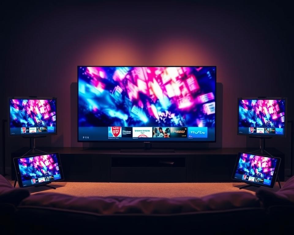 A sleek, modern home entertainment setup with multiple displays showcasing the Flix IPTV service. In the foreground, a large widescreen television takes center stage, its screen filled with vibrant, high-definition content. To the sides, a pair of smaller screens, perhaps tablets or smartphones, mirror the main display, allowing for seamless multi-screen viewing and navigation. The lighting is soft and indirect, creating a cozy, immersive atmosphere. The entire scene is captured from a slightly elevated angle, giving a sense of refinement and attention to detail. The overall impression conveys the advanced, user-friendly features of the Flix IPTV platform, designed to enhance the home entertainment experience.