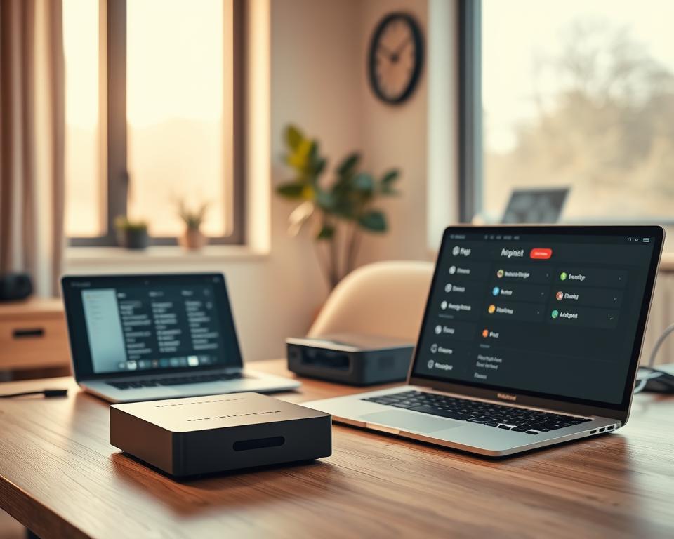 A sleek, modern home office setup featuring a high-tech Iron IPTV device prominently displayed on a minimalist wooden desk. The device's advanced configuration options are showcased on a nearby laptop screen, with various menu options and settings visible. The room is bathed in warm, diffused lighting from a large window, creating a cozy and productive atmosphere. The camera angle is slightly elevated, capturing the desk and its contents in a clean, uncluttered composition. The overall scene conveys a sense of sophistication and attention to detail, reflecting the advanced configuration capabilities of the Iron IPTV system. A sleek, modern home office setup featuring a high-tech Iron IPTV device prominently displayed on a minimalist wooden desk. The device's advanced configuration options are showcased on a nearby laptop screen, with various menu options and settings visible. The room is bathed in warm, diffused lighting from a large window, creating a cozy and productive atmosphere. The camera angle is slightly elevated, capturing the desk and its contents in a clean, uncluttered composition. The overall scene conveys a sense of sophistication and attention to detail, reflecting the advanced configuration capabilities of the Iron IPTV system.