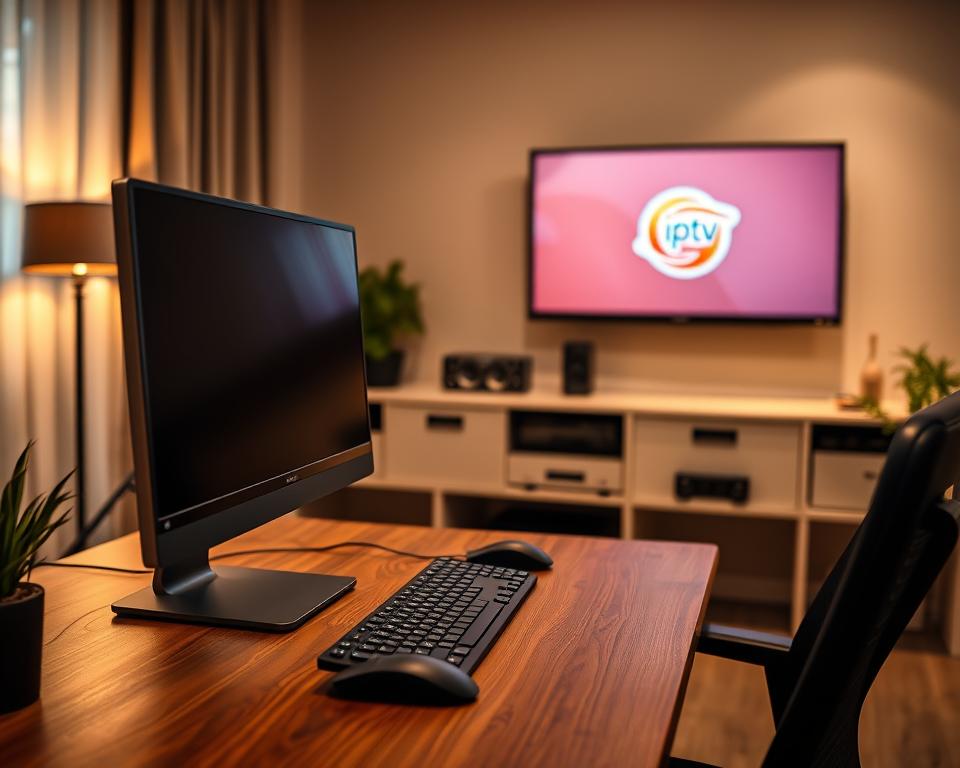 A sleek, modern home office setup with a desktop computer, keyboard, and mouse, all neatly arranged on a wooden desk. The room is bathed in warm, soft lighting, creating a cozy and inviting atmosphere. In the background, a wall-mounted TV displays the IPTV service provider's logo, suggesting a high-quality streaming solution. The overall scene conveys a sense of professionalism and attention to detail, reflecting the "meilleures sources pour trouver un fournisseur iptv de qualité" theme.