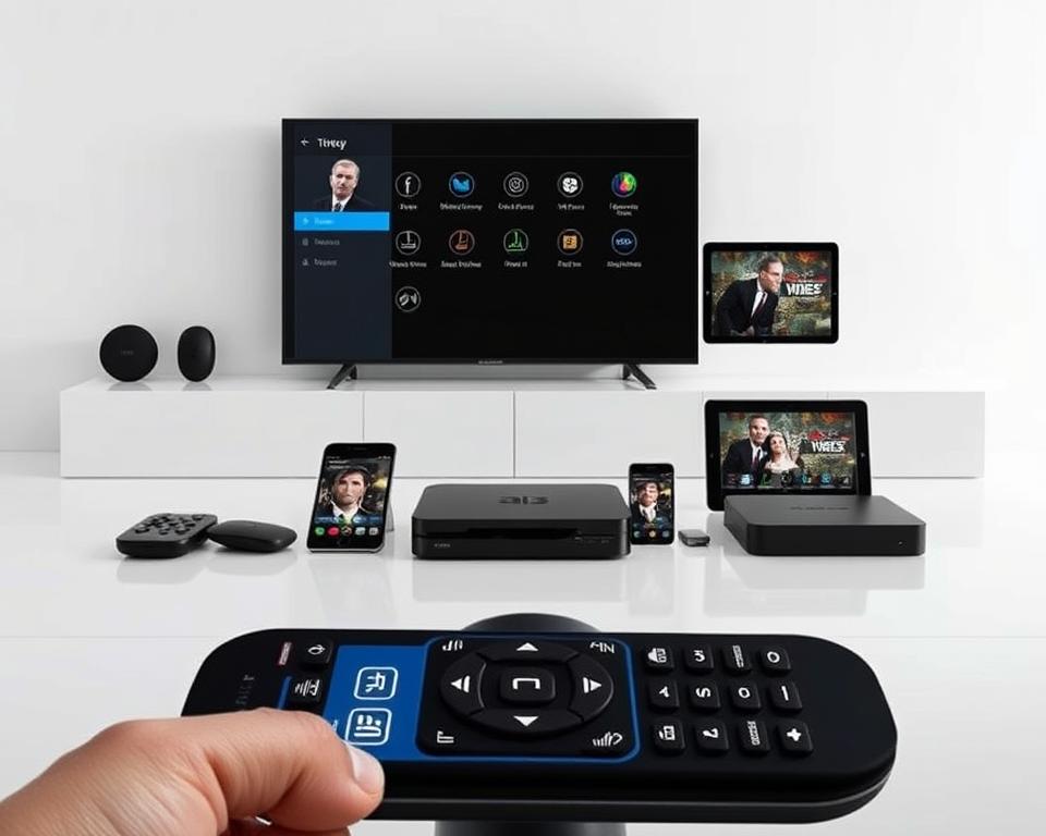 A sleek, modern installation guide for the IPTV service King365, showcasing the step-by-step process on various devices. In the foreground, a high-resolution image of a remote control or smart TV interface, with intuitive icons and menus guiding the user through the setup. The middle ground features a collection of compatible devices like smartphones, tablets, and streaming boxes, all seamlessly integrated. The background depicts a minimalist, tech-forward setting, with clean lines, neutral tones, and subtle lighting to convey a sense of professionalism and ease of use. The overall composition emphasizes simplicity, functionality, and the reliable nature of the King365 IPTV service.