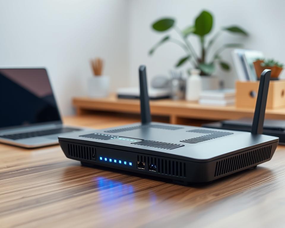 A sleek, modern internet router with glowing blue LED lights, nestled atop a wood-grain surface. The router's vents and ports are clearly visible, conveying a sense of technical sophistication. In the background, a minimalist home office setup with a laptop, desk organizers, and a potted plant, all bathed in a soft, diffused lighting. The composition emphasizes the centrality of the router, symbolizing the critical role of internet connectivity in today's digital world. The overall mood is one of efficiency, simplicity, and technological integration in the home environment.