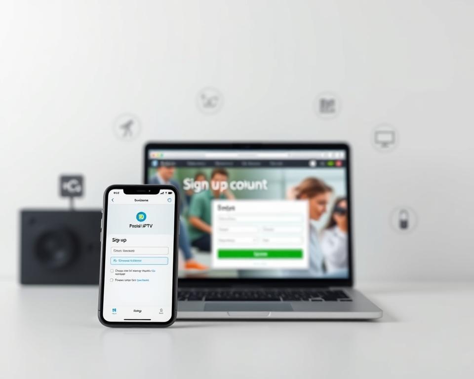 A sleek, modern iptv subscription interface against a clean, minimalist background. In the foreground, a smartphone or tablet displays the sign-up process, with clear, user-friendly menus and buttons. The middle ground features a laptop or desktop computer, showcasing the web-based platform for managing the iptv account. In the background, subtle technical illustrations or icons suggest the reliable, high-quality streaming capabilities of the iptv service. The overall scene conveys a sense of seamless, intuitive access to a comprehensive iptv package, suitable for a discerning French audience. A sleek, modern iptv subscription interface against a clean, minimalist background. In the foreground, a smartphone or tablet displays the sign-up process, with clear, user-friendly menus and buttons. The middle ground features a laptop or desktop computer, showcasing the web-based platform for managing the iptv account. In the background, subtle technical illustrations or icons suggest the reliable, high-quality streaming capabilities of the iptv service. The overall scene conveys a sense of seamless, intuitive access to a comprehensive iptv package, suitable for a discerning French audience.