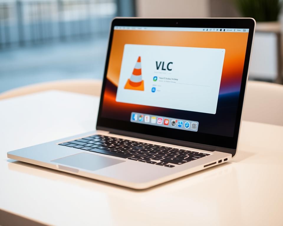 A sleek, modern laptop with a minimalist design, its silver aluminum chassis gleaming under soft, diffused lighting. The screen displays the iconic VLC media player interface, showcasing its intuitive controls and clean, user-friendly layout. The laptop is positioned on a clean, uncluttered desk, with a subtle blurred background hinting at a professional, home office setting. The scene conveys a sense of effortless productivity and the ability to enjoy high-quality media content on a reliable, versatile device.