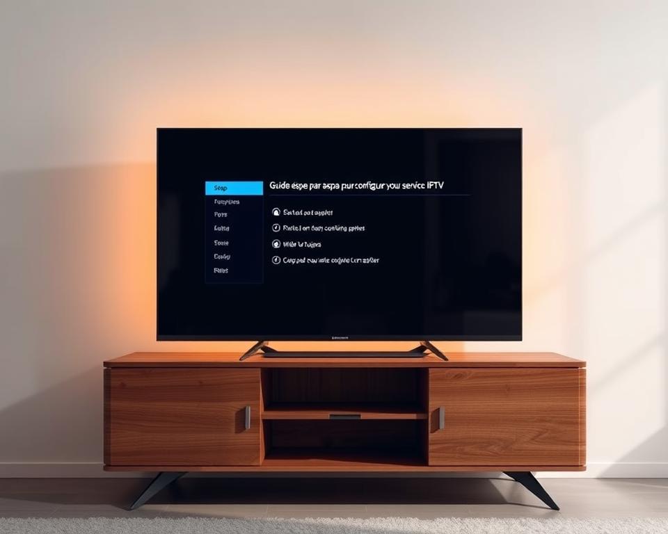 A sleek, modern smart TV with an integrated IPTV interface, showcasing a clean, intuitive display. The device stands atop a minimalist, wood-grain TV stand, bathed in warm, diffused lighting. Reflecting the "Guide étape par étape pour configurer votre service IPTV" section, the screen displays a step-by-step setup menu, guiding the user through the IPTV configuration process. The overall scene conveys a sense of technological sophistication and user-friendly simplicity, suitable for the article's subject of finding a quality IPTV provider.