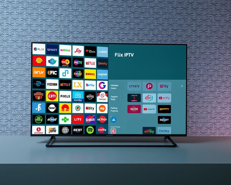 A sophisticated arrangement of various television channel logos and icons, displayed on a sleek and modern interface. The foreground features a visually striking mosaic of prominent streaming service and network emblems, seamlessly integrated to convey the breadth of content available on the Flix IPTV platform. The middle ground showcases a clean, minimalist user interface with intuitive navigation menus, creating a sense of accessibility and user-friendliness. In the background, a subtle gradient or textured pattern provides a visually appealing and cohesive backdrop, evoking a premium and technologically advanced aesthetic. The overall composition conveys the comprehensive nature of the Flix IPTV offering, with a focus on the diversity of channels and services accessible to French viewers.