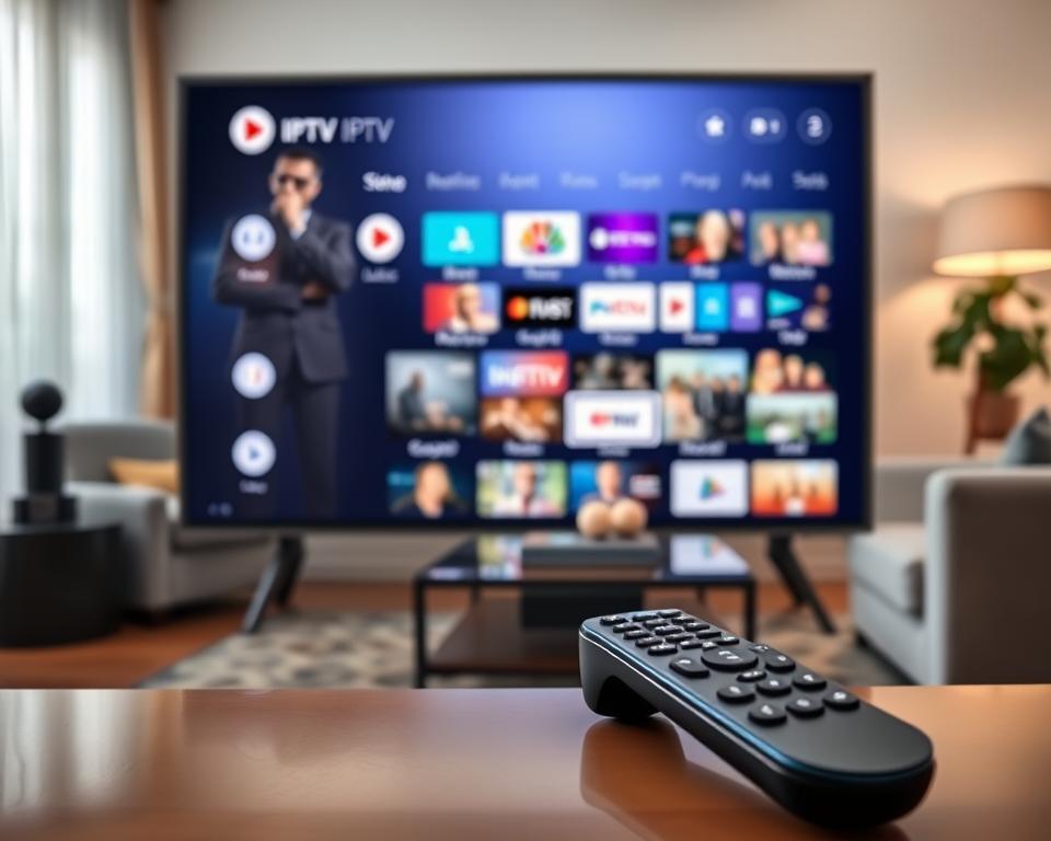 A sophisticated, high-quality IPTV service setup with a sleek, modern interface on a high-definition television screen. The foreground features the IPTV service app icons, remote control, and smart TV device in a well-lit, minimalist home entertainment setting. The middle ground showcases a diverse selection of live channels, on-demand content, and other IPTV features. The background gently blurs into a cozy, inviting living room atmosphere with stylish furniture and decor, reflecting the comfort and convenience of a premium IPTV experience. A sophisticated, high-quality IPTV service setup with a sleek, modern interface on a high-definition television screen. The foreground features the IPTV service app icons, remote control, and smart TV device in a well-lit, minimalist home entertainment setting. The middle ground showcases a diverse selection of live channels, on-demand content, and other IPTV features. The background gently blurs into a cozy, inviting living room atmosphere with stylish furniture and decor, reflecting the comfort and convenience of a premium IPTV experience.