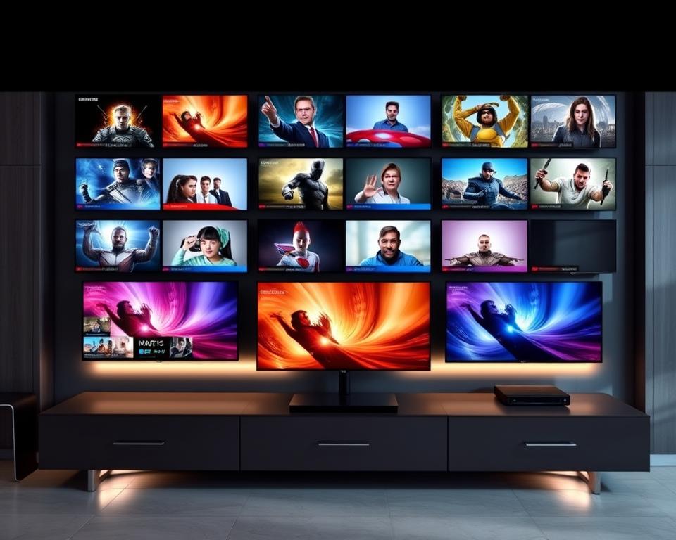 A sophisticated home entertainment setup with multiple flat-screen TVs displaying various channels, arranged in a visually appealing grid layout. The TVs are mounted on a sleek, modern media console, with subtle lighting accents highlighting the dynamic interplay of screens. The scene exudes a sense of technological refinement and immersive viewing experience, capturing the essence of a premium IPTV service like Majestic IPTV.