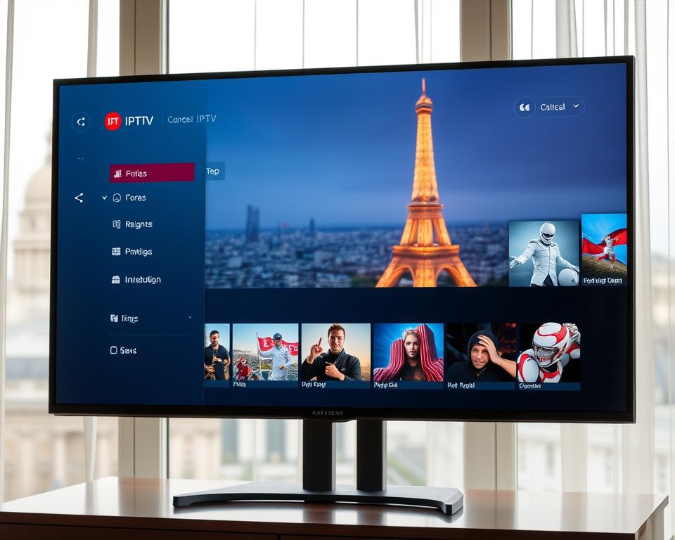 A sophisticated iptv subscription service displayed on a modern digital screen. The screen shows a clean, minimalist user interface with intuitive navigation menus and high-quality video thumbnails. The interface is bathed in a soft, warm light, creating a premium, high-tech atmosphere. In the background, a blurred cityscape of Paris can be seen through a window, hinting at the global reach and connectivity of the iptv service. The overall composition conveys a sense of seamless technology, premium quality, and the ability to access diverse international content from the comfort of one's home.