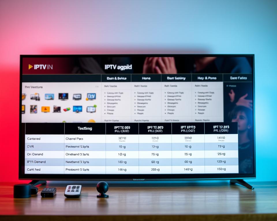 A striking comparison of IPTV packages, presented in a sleek and modern layout. In the foreground, a series of high-quality icons representing various IPTV service features, such as channel selection, DVR, and on-demand content. In the middle ground, detailed comparison tables showcasing the specifications and pricing of different IPTV plans, with clean typography and a minimalist color palette. The background features a subtle gradient or abstract pattern, creating a sense of depth and sophistication. Lighting is soft and diffused, with a slight vignette effect to draw the viewer's attention to the central elements. The overall mood is professional, informative, and visually appealing, reflecting the subject matter of the IPTV guide.