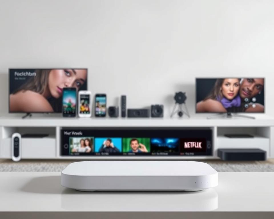 A stylish and modern IPTV subscription service layout. In the foreground, a sleek, minimalist device with a clean display showcasing various IPTV channel options. In the middle ground, an array of smart devices such as smartphones, tablets, and streaming boxes, all seamlessly integrated into the IPTV ecosystem. The background features a minimalist, elegant backdrop with subtle gradients, highlighting the premium and high-quality nature of the IPTV offerings. The overall scene conveys a sense of sophistication, convenience, and the latest technology, perfectly suited for the "Meilleures offres IPTV en France en 2023" section of the article.