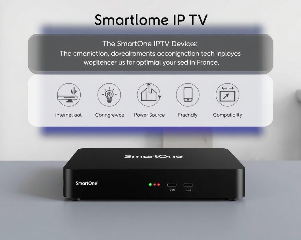 A technical diagram of the SmartOne IPTV device, showcasing its essential components and requirements for optimal usage in France. The image should feature the device itself, prominently displayed in the foreground, with a clean, minimalist design. In the middle ground, include a series of iconographic representations of the technical specifications, such as internet connection, power source, and compatibility details. The background should provide a subtle, yet professional backdrop, perhaps in muted tones or a subtle gradient, to keep the focus on the device and its key technical exigences. A technical diagram of the SmartOne IPTV device, showcasing its essential components and requirements for optimal usage in France. The image should feature the device itself, prominently displayed in the foreground, with a clean, minimalist design. In the middle ground, include a series of iconographic representations of the technical specifications, such as internet connection, power source, and compatibility details. The background should provide a subtle, yet professional backdrop, perhaps in muted tones or a subtle gradient, to keep the focus on the device and its key technical exigences.
